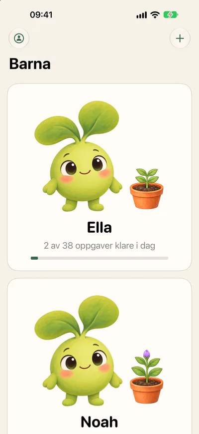 Screenshot: the list of children, Ella and Noah, each with their own character and plant.