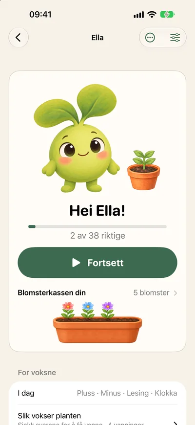 Screenshot: Ella’s page with today’s progress, the Fortsett (Continue) button and the flower box with five flowers.