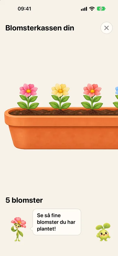 Screenshot: the flower box with five flowers. Gro says “Se så fine blomster du har plantet!” (“Look at the lovely flowers you’ve planted!”)