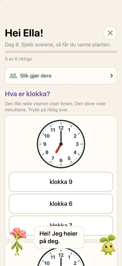 What time is it? A clock face shows seven o’clock, and your child chooses between three answers.