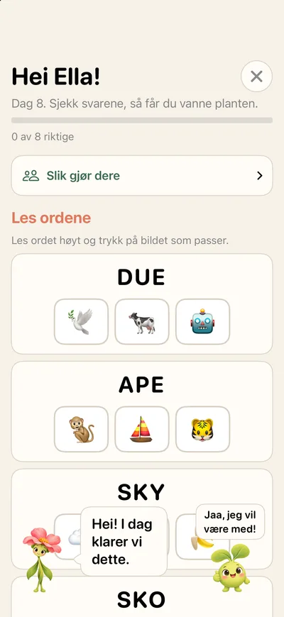 Screenshot from the app (in Norwegian): Ella reads the word DUE (dove) and taps the matching picture, while Gro and Leif cheer at the bottom of the screen.