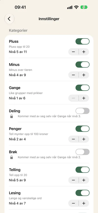 Screenshot: settings with categories such as addition, subtraction, counting and reading, each with a level and a switch.