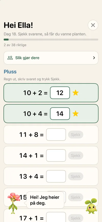 Screenshot: addition tasks, where two answers are correct and have earned a star. Gro says “Hei! Jeg heier på deg.” (“Hi! I’m cheering for you.”)