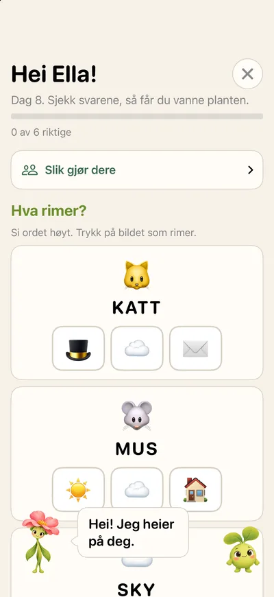 What rhymes? Your child finds the picture that rhymes with KATT and MUS (cat and mouse).