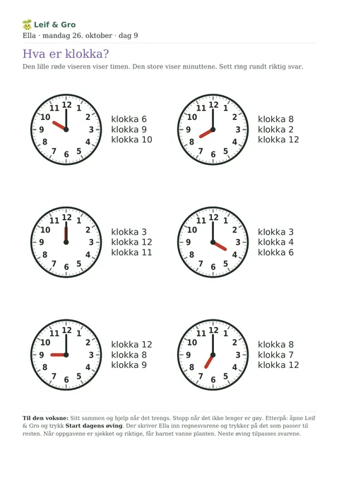 Printed sheet “Hva er klokka?” (“What time is it?”) with six clock faces, where your child circles the right time.