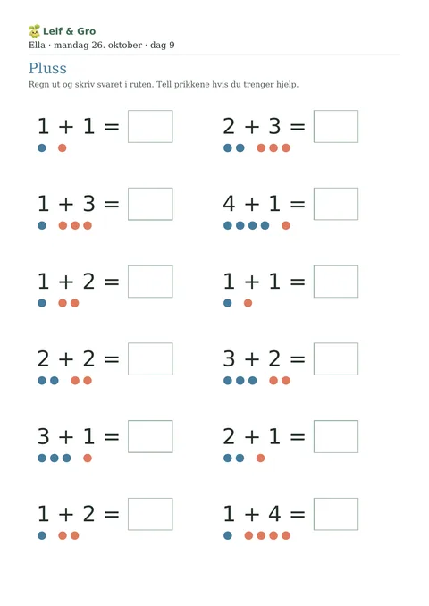 Printed sheet “Pluss” (“Addition”) with twelve small sums, dots to count and a box for the answer.